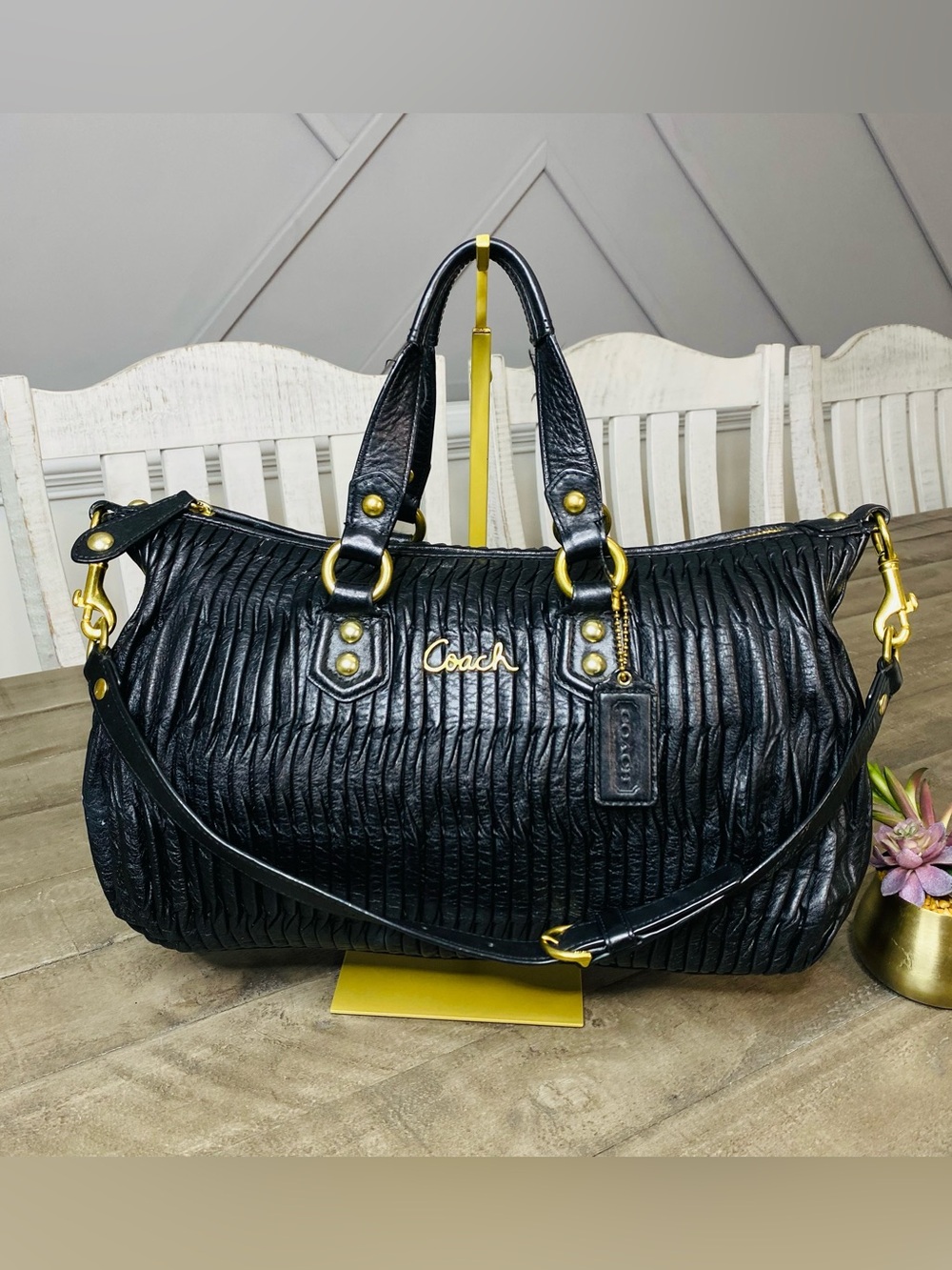 Coach Ashley Black Gathered Leather Satchel Bag F17647 Ruched Gold Hardware